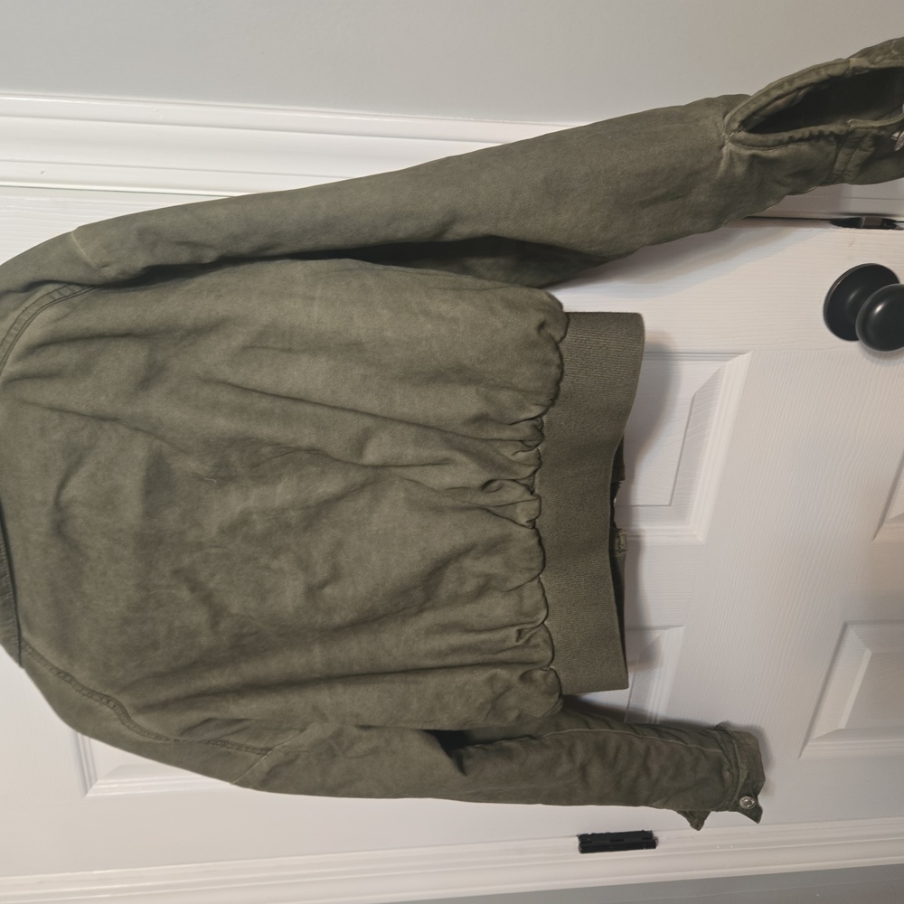 Women’s Medium Olive Green Cropped Utility Jacket Zip Front Quilted Lined Cotton - Picture 5 of 11